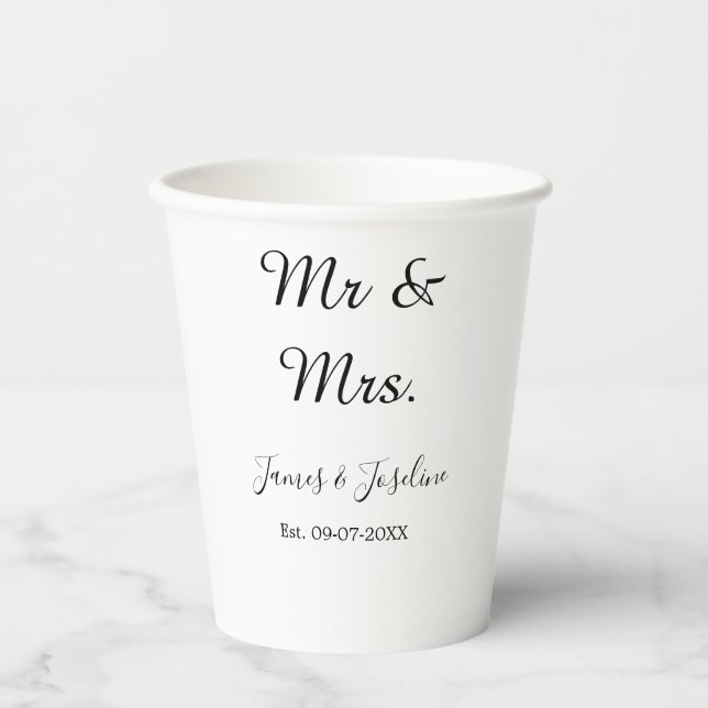 Mr and Mrs add name est. Date year wedding couple  Paper Cups (Front)