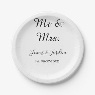 Mr and Mrs add name est. Date year wedding couple  Paper Plate