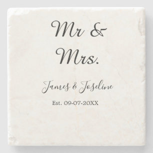 Mr and Mrs add name est. Date year wedding couple  Stone Coaster