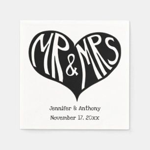 Mr and Mrs Black and White Heart Shape Wedding Napkin