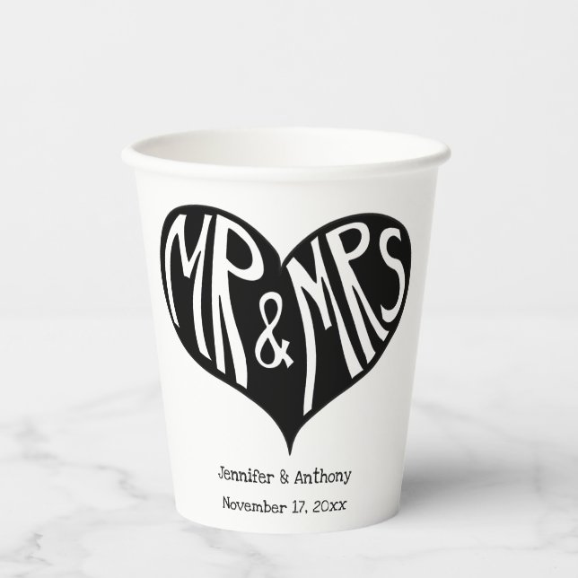 Mr and Mrs Black and White Heart Shape Wedding Paper Cups (Front)