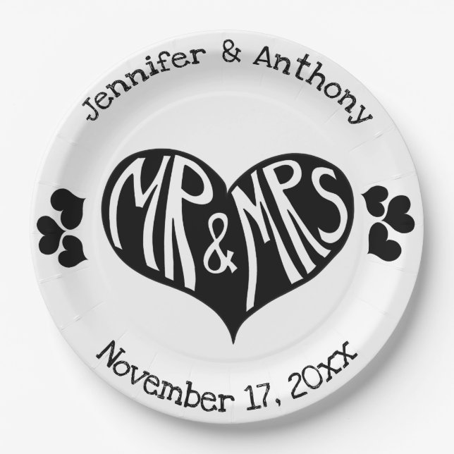 Mr and Mrs Black and White Heart Shape Wedding Paper Plate (Front)
