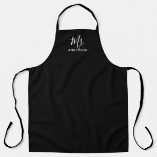 Mr and Mrs   Black and White Modern Script Apron