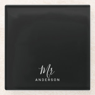 Mr and Mrs   Black and White Modern Script Glass Coaster