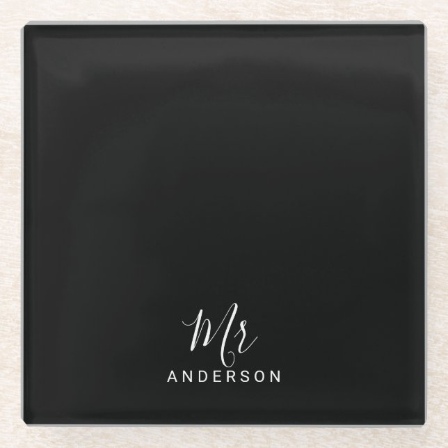 Mr and Mrs | Black and White Modern Script Glass Coaster (Front)