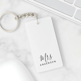 Mr and Mrs   Black and White Modern Script Wedding Key Ring