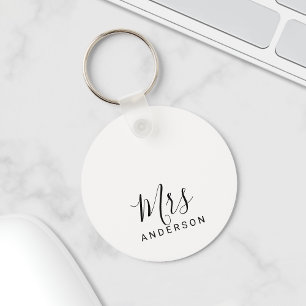 Mr and Mrs   Black and White Modern Script Wedding Key Ring