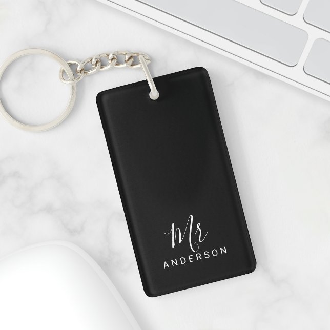 Mr and Mrs | Black and White Modern Script Wedding Key Ring (Creator Uploaded)