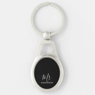 Mr and Mrs Black and White Modern Script Wedding Key Ring