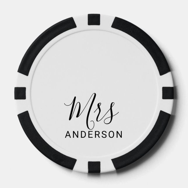 Mr and Mrs | Black and White Modern Script Wedding Poker Chips (Front)