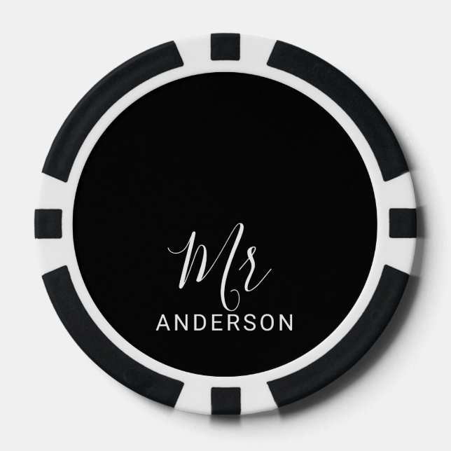 Mr and Mrs | Black and White Modern Script Wedding Poker Chips (Front)