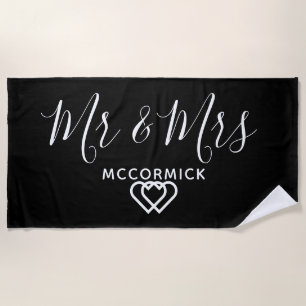 Mr And Mrs Black and White Monogram Personalised Beach Towel