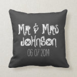 Mr and Mrs black chalkboard wedding throw pillow<br><div class="desc">Custom Mr and Mrs black chalkboard wedding throw pillow. Personalised black chalk board pillow cushions for sofa or bed.  Fun design with name of newly wed couple. Cute home decor personalised for bride and groom / husband and wife. Wedding presents for newlyweds.</div>