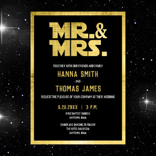 Mr and Mrs Black Gold Sci Fi Wedding Invitation Postcard