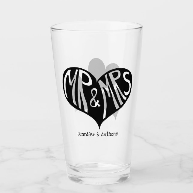 Mr and Mrs Black Heart Shape Wedding Glass (Front)