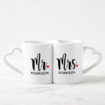 Mr and Mrs Black Modern Script Wedding Monogram Coffee Mug Set<br><div class="desc">Personalised monogram coffee mugs make a unique wedding gift for the new Mr and Mrs! This minimalist design features modern black script writing,  a red heart accent,  and custom text that can be personalised with the newlywed couple's married last name.</div>