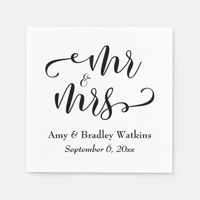 "Mr and Mrs" Black on White Typography Wedding Napkin (Front)