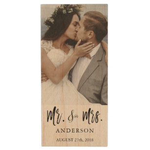 Mr. and Mrs. Black Typography Wedding Photos USB Wood USB Flash Drive