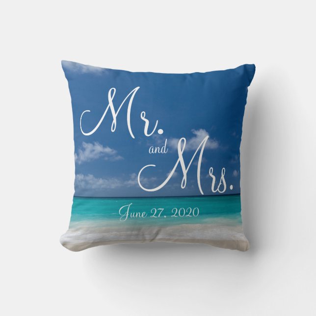 Mr. and Mrs. Blue Beach Wedding Pillows (Front)