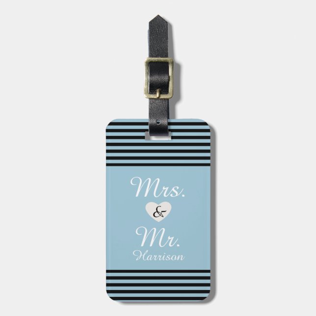Mr. and Mrs. Blue Black Stripes Luggage Tag (Front Vertical)