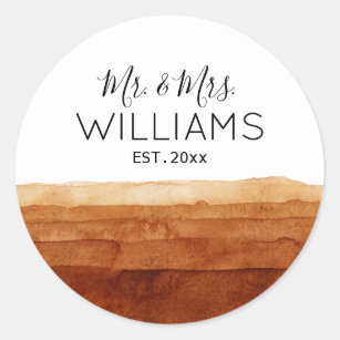 Mr. and Mrs. Boho Watercolor Abstract Desert  Classic Round Sticker