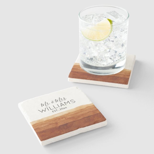 Mr. and Mrs. Boho Watercolor Abstract Desert   Stone Coaster (Side)