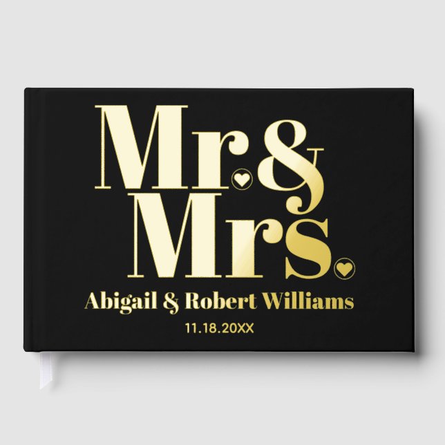Mr. and Mrs. bold typography black photo wedding Guest Book (Front)