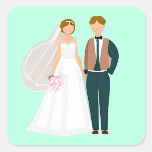 Mr and Mrs Bride and Groom Teal Square Sticker