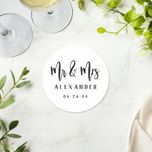 Mr and Mrs Brushed Script Wedding Date Round Paper Coaster