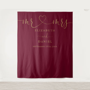 Mr And Mrs Burgundy And Gold Script Wedding Tapestry