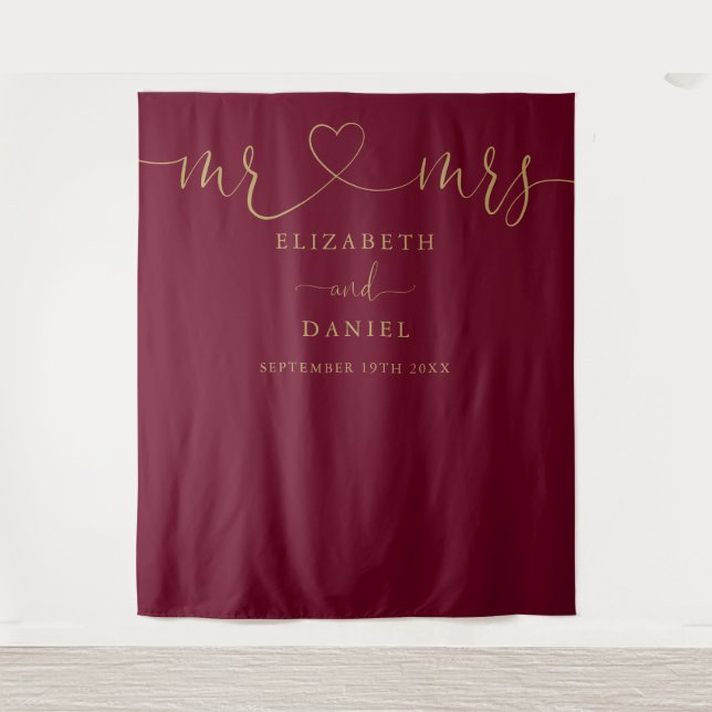 Mr And Mrs Burgundy And Gold Script Wedding Tapestry (Front)