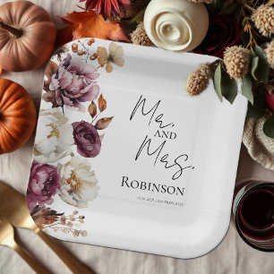 Mr. and Mrs.   Burgundy Floral Autumn Wedding Paper Plate