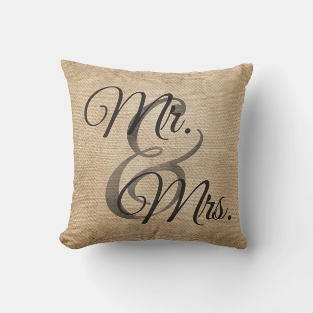 Mr and Mrs Burlap Wedding Personalised Cushion (Front)