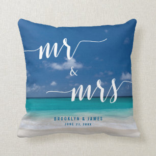 Mr. and Mrs. Calligraphy Beach Wedding Pillows