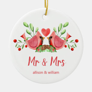 Mr and Mrs Cardinal Lovebirds Personalised Ceramic Ornament