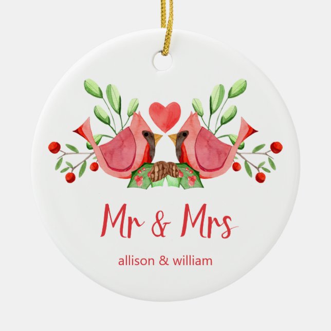 Mr and Mrs Cardinal Lovebirds Personalised Ceramic Ornament (Front)