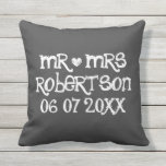 Mr and Mrs chalkboard wedding outdoor throw pillow<br><div class="desc">Custom Mr and Mrs black chalkboard wedding outdoor throw pillow. Personalised black chalk board pillow cushions for outside chair, sofa or bed. Fun vintage design with white heart, date of marriage and name of newly wed couple. Cute home decor personalised for bride and groom / husband and wife. Romantic rustic...</div>