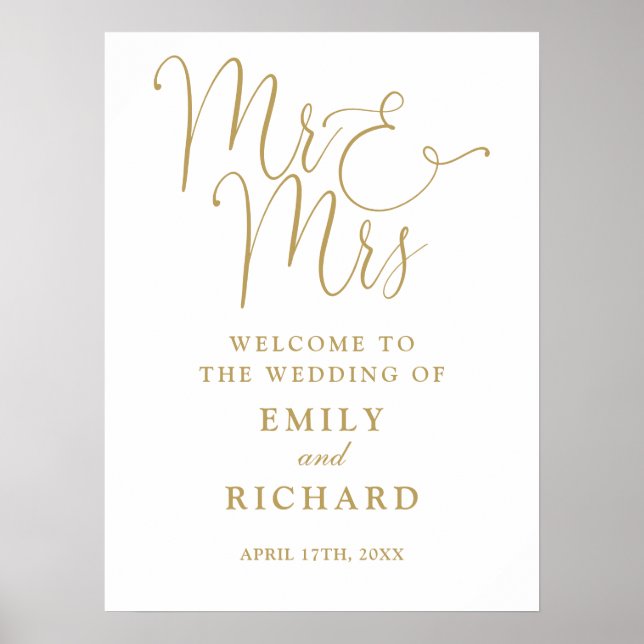Mr And Mrs Chic Gold Wedding Welcome Sign (Front)