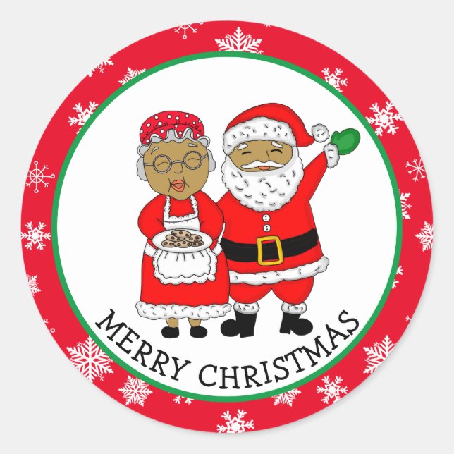 Mr and Mrs Claus, African-American Santa Christmas Classic Round Sticker (Front)