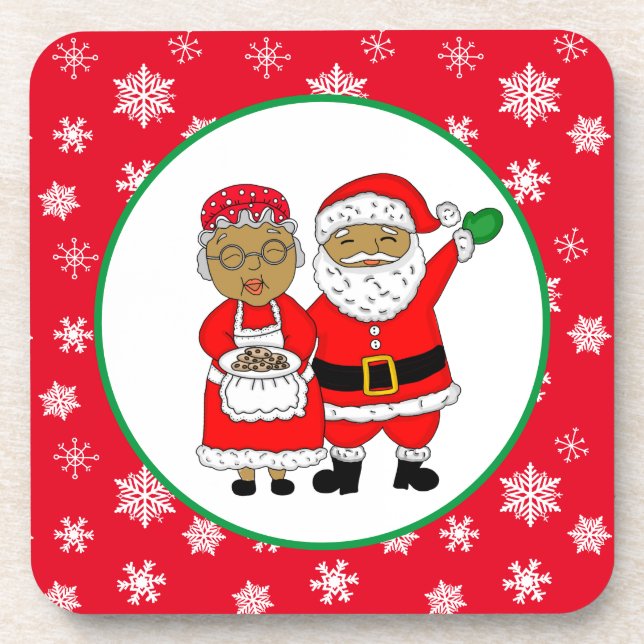 Mr and Mrs Claus, African-American Santa Christmas Coaster (Front)