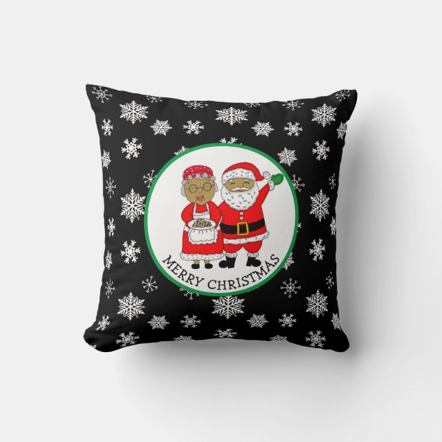 Mr and Mrs Claus, African-American Santa Christmas Cushion (Front)