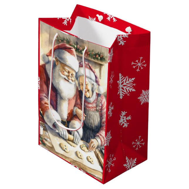 Mr and Mrs Claus Baking Cookies Christmas Medium Gift Bag (Front Angled)