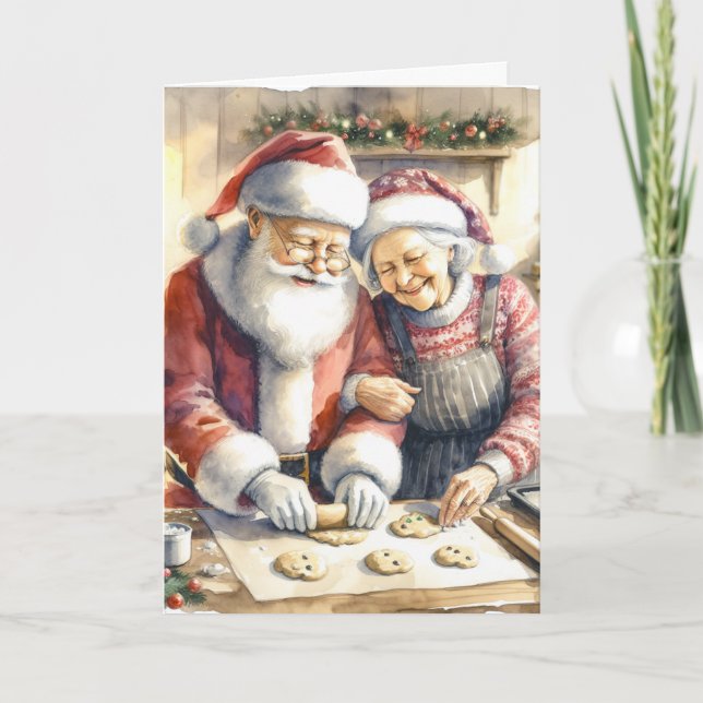 Mr and Mrs Claus Baking Cookies Custom Christmas Card (Front)