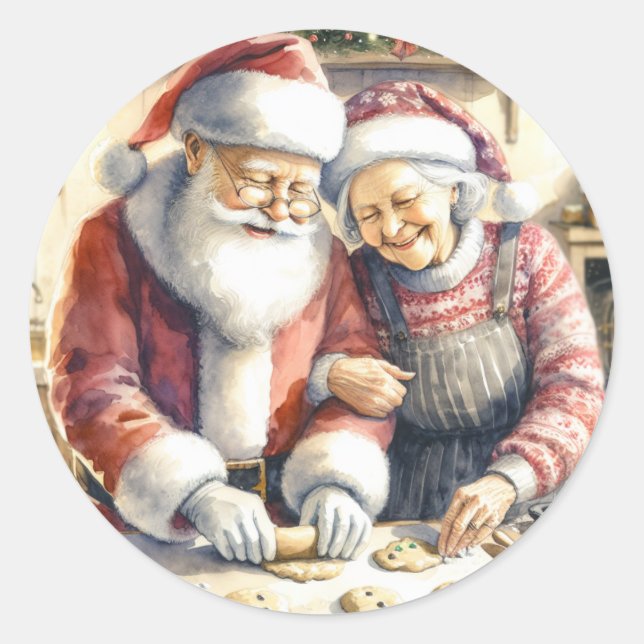 Mr and Mrs Claus Baking Cookies Custom Christmas Classic Round Sticker (Front)