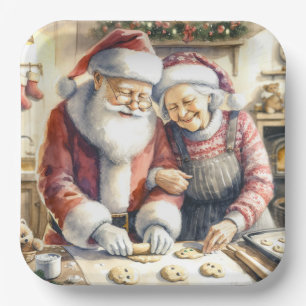 Mr and Mrs Claus Baking Cookies Custom Christmas Paper Plate