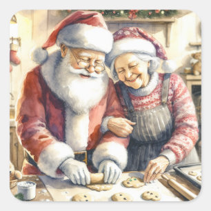 Mr and Mrs Claus Baking Cookies Custom Christmas Square Sticker