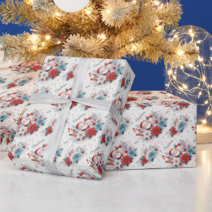 Mr. and Mrs. Claus, Rudolph, Poinsettias and Holly Wrapping Paper