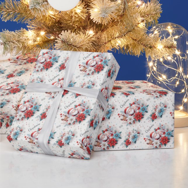 Mr. and Mrs. Claus, Rudolph, Poinsettias and Holly Wrapping Paper (Holidays)