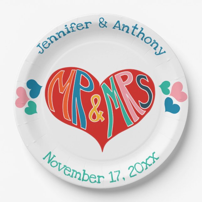 Mr and Mrs Colourful Heart Shape Wedding Paper Plate (Front)
