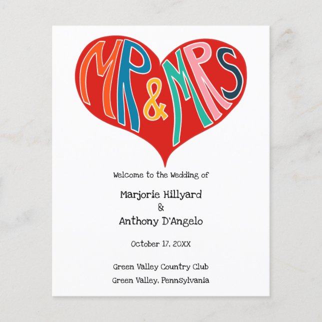 Mr and Mrs Colourful Heart Shape Wedding Program (Front)
